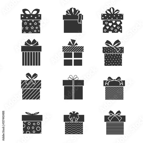 Black gift box icons. Presents signs with ribbons and bows