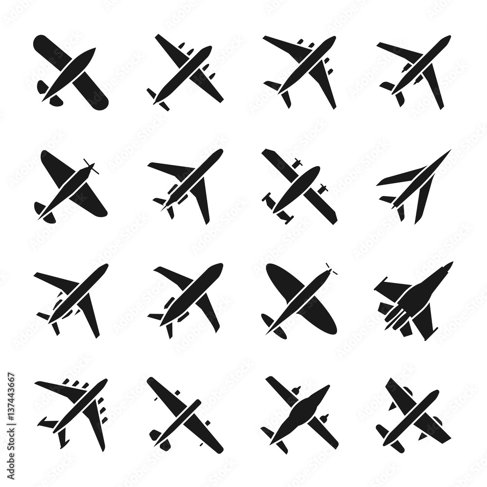 Plane vector icons. Fly and jet symbols. Airplane aviation silhouette signs isolated on white background Plane vector icons. Fly and jet symbols. Airplane aviation silhouette signs isolated on white background