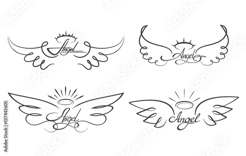 Angel wings drawing vector illustration. Winged angelic tattoo icons