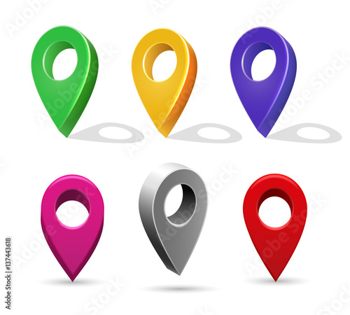 Directory 3d pointer icons. Vector mapping pin location buttons isolated on white background