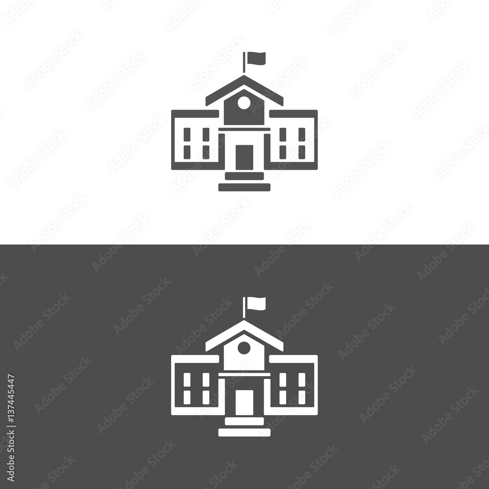 School building icon on dark and white background School building icon on dark and white background