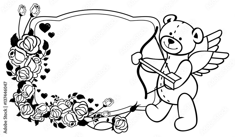 Fototapeta premium Oval label with outline roses and teddy bear. Raster clip art.
