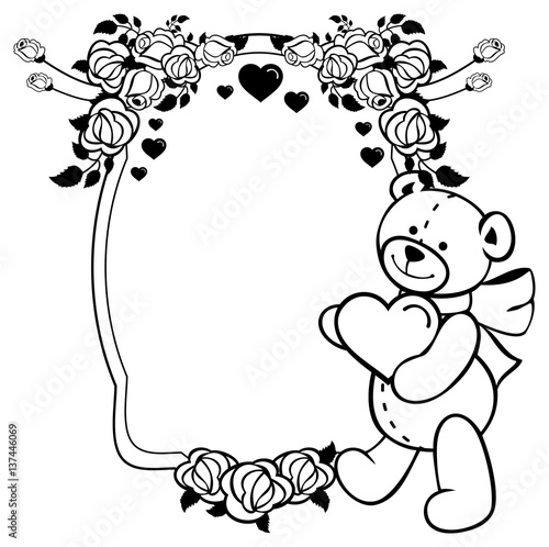 Oval label with outline roses and cute teddy bear holding heart. Raster clip art