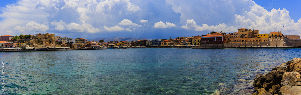 Panorama view of the old port of Chania on Crete, Greece