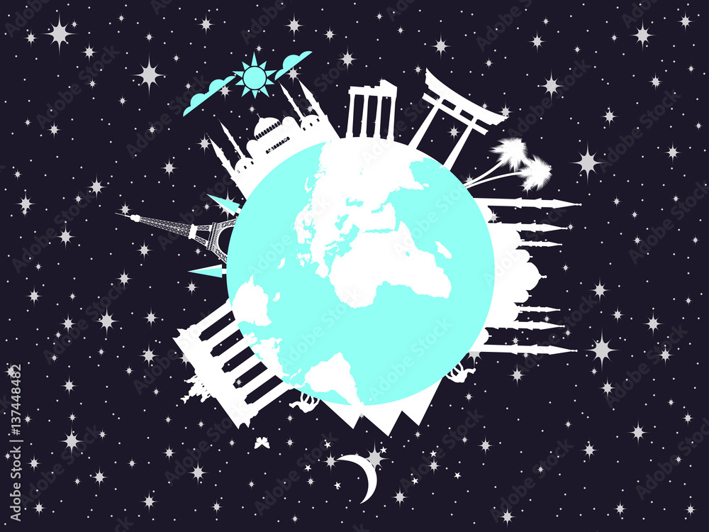 Fototapeta premium Planet earth in space. World landmarks of architecture. Travel around the world. Vector illustration