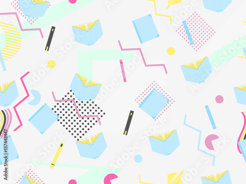 Memphis seamless pattern with books. Geometric elements memphis in the style of 80's. Vector illustration