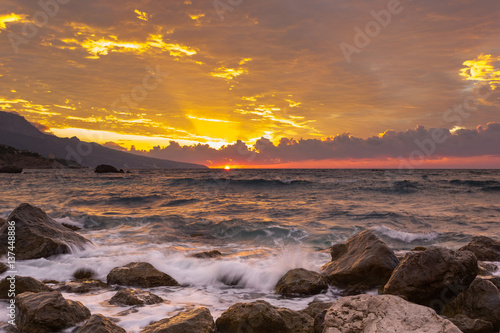 Beautiful landscape with sunrise and big stones, the Black Sea, the Crimea