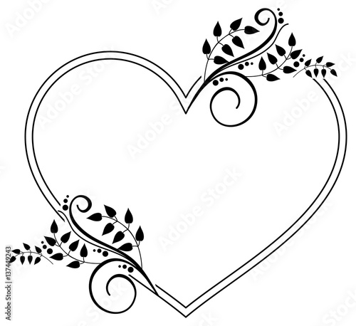 Heart-shaped black and white frame with floral silhouettes. Vector clip art.