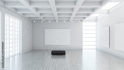 Modern museum with blank canvas and leather seat