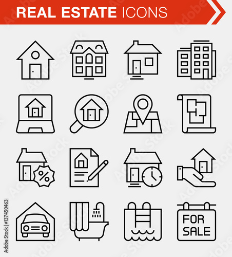 Set of pixel perfect real estate icons for mobile apps and web design.