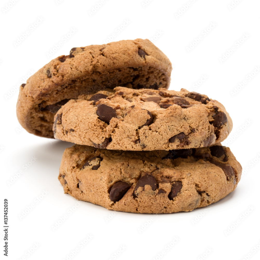 Three Chocolate chip cookies isolated on white background. Sweet biscuits. Homemade pastry.