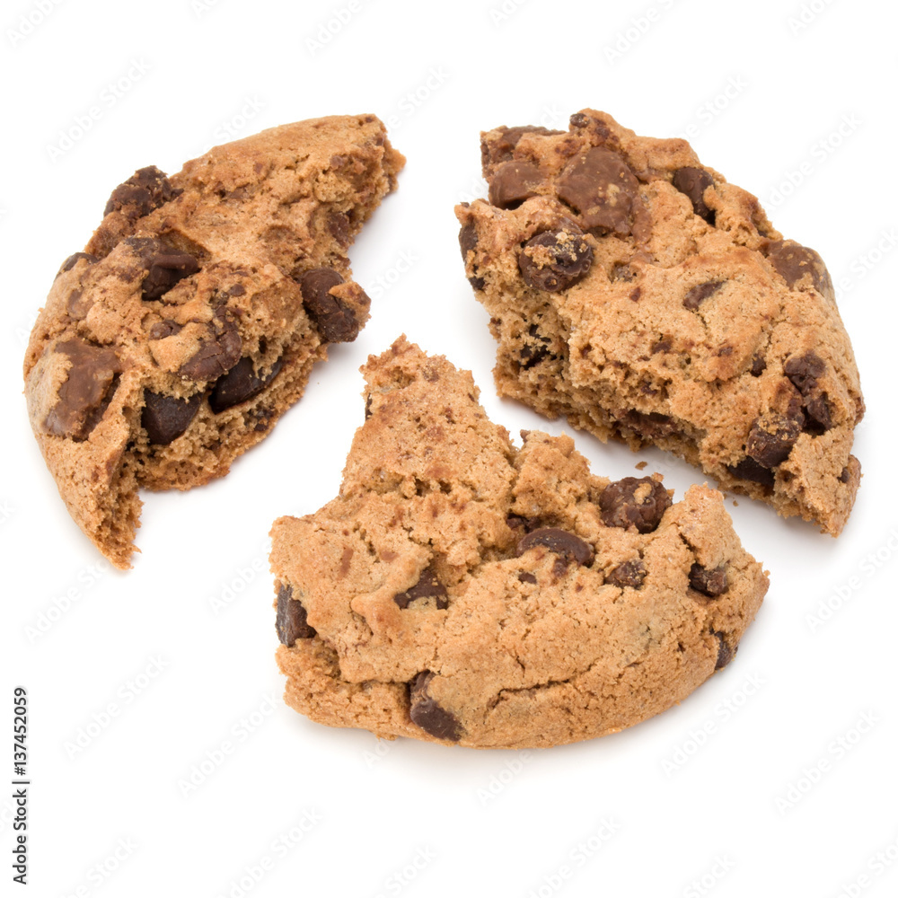 One broken Chocolate chip cookie isolated on white background. Sweet biscuit crumbs. Homemade pastry. One broken Chocolate chip cookie isolated on white background. Sweet biscuit crumbs. Homemade pastry.