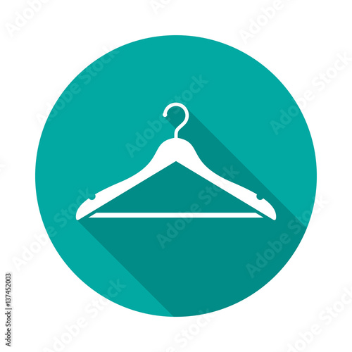 Hanger circle icon with long shadow. Flat design style. Hanger simple silhouette. Modern, minimalist, round icon in stylish colors. Web site page and mobile app design vector element.