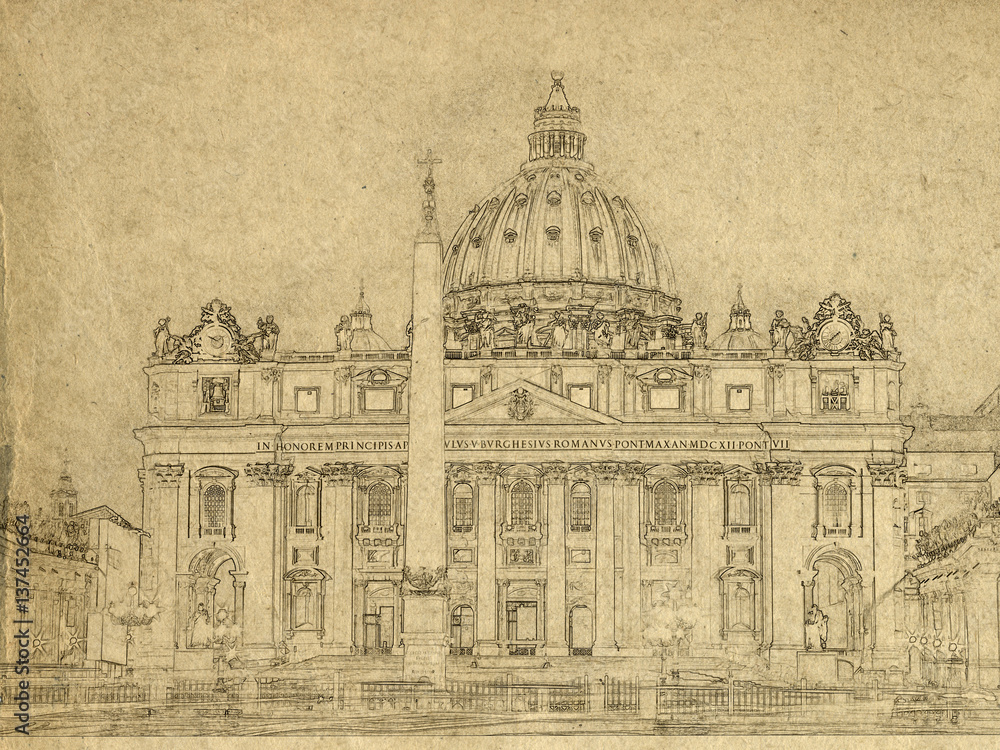 Grunge background with paper texture and landmarks of Italy - St. Peter Basilica. Vatican, Italy. Sketch style.