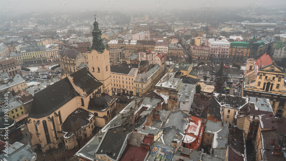 Top view on the old historical center of the city Lviv in Ukraine