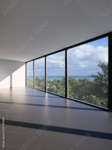Contemporary Minimalistic Architecture Background Wide Angle Sea View Panoramic Windows 3d Illustration