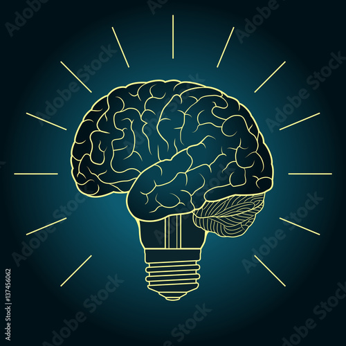 Abstract illustration with brain and light bulb. Design concept for invention and innovation, creativity, idea