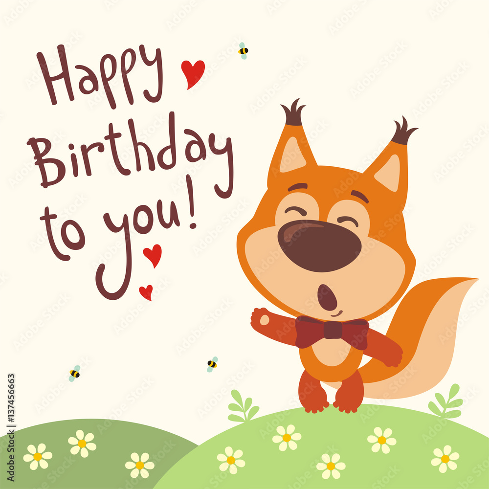 Happy birthday to you! Funny squirrel sings birthday song with gift in  hand. Card with squirrel in cartoon style. Stock Vector | Adobe Stock