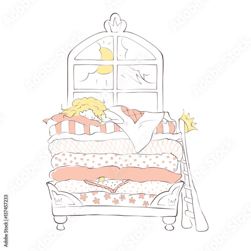 Princess on the Pea / Girl sleeping sweetly on the bed in the palace, vector illustration