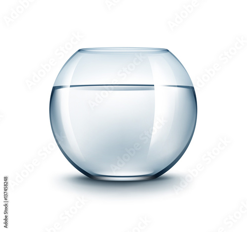 Vector Realistic Blue Transparent Shiny Glass Fishbowl Aquarium with Water without Fish Isolated on White Background