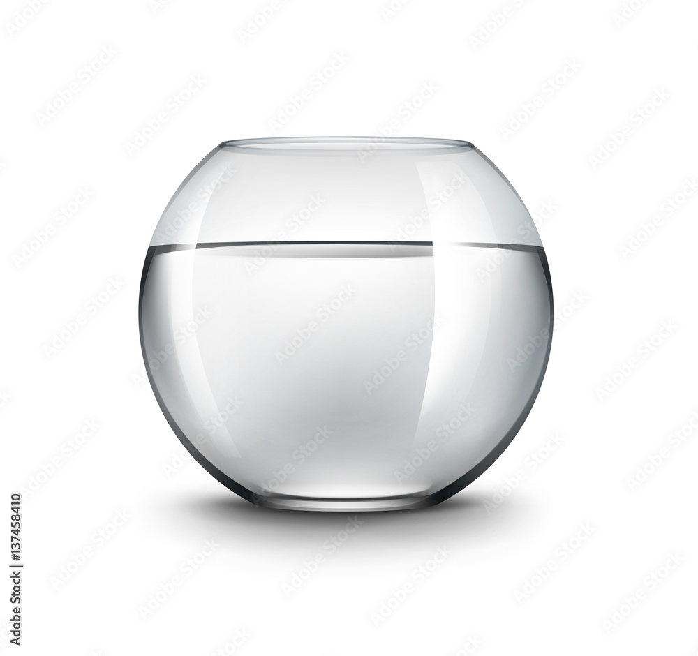 Vector Realistic Black Transparent Shiny Glass Fishbowl Aquarium with Water without Fish Isolated on White Background