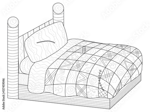 Bed with a patchwork quilt Coloring book vector for adults