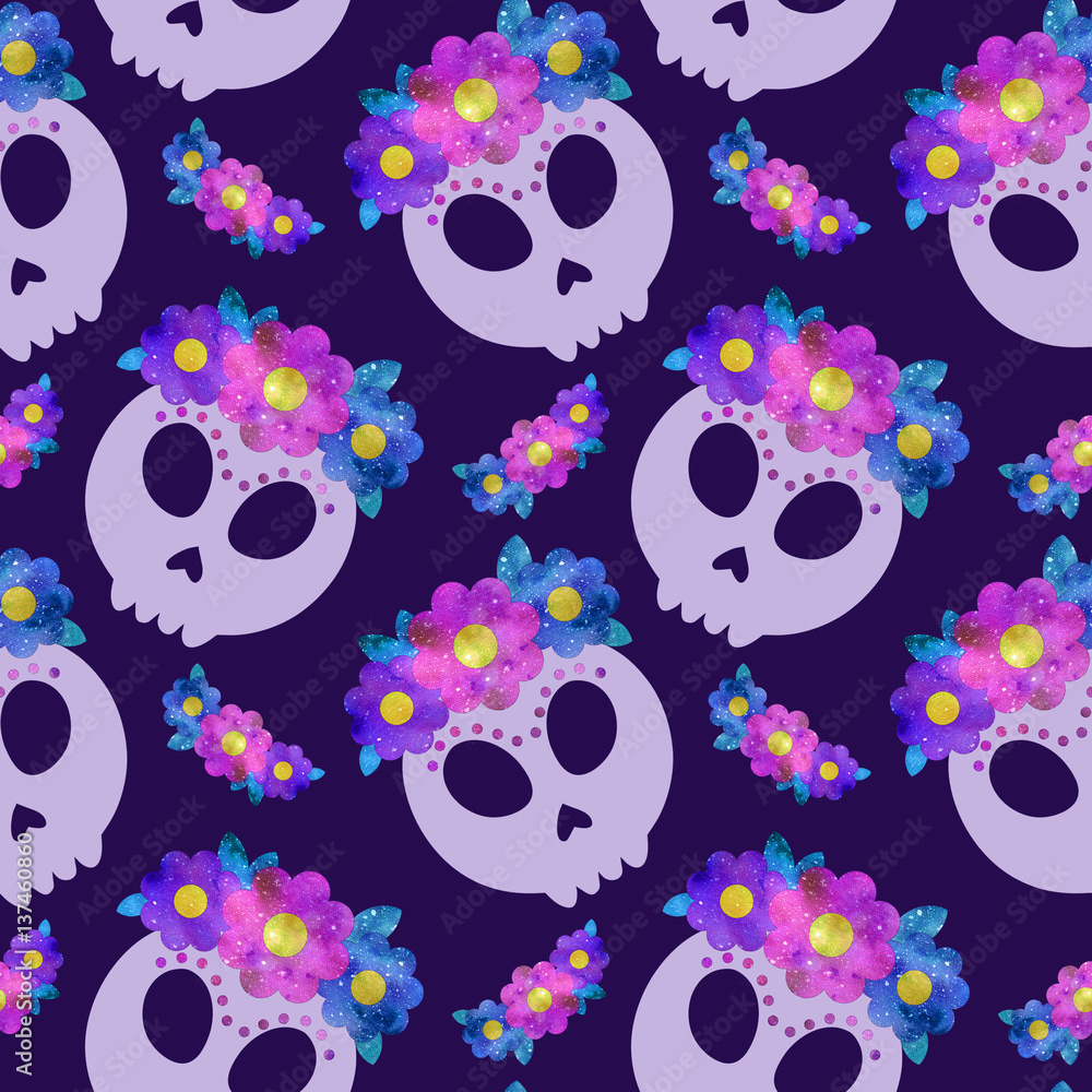 Seamless pattern with Frida skull with flowers