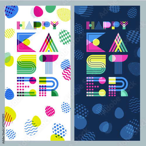 Happy Easter vector banner set. Geometric lettering and colorful Easter eggs. Overlapping creative backgrounds. Modern concept for holiday greeting cards, poster or flyer design.