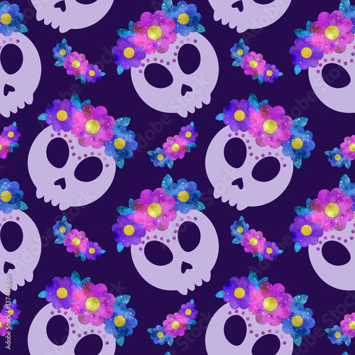 Obraz na płótnie Seamless pattern with Frida skull with flowers w salonie
