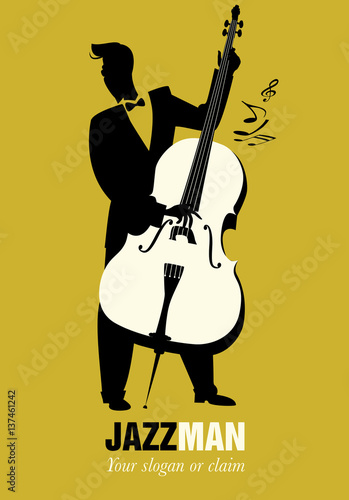 Double bass player playing a song. Musical note