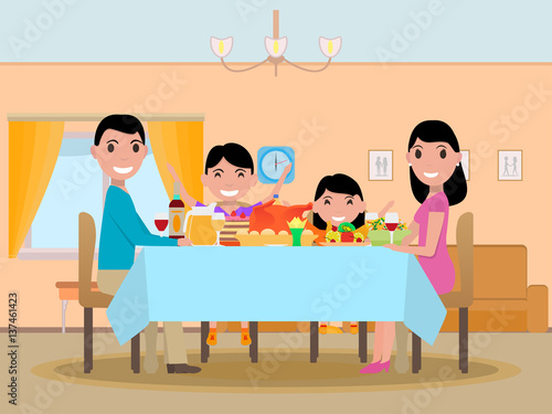 Vector cartoon happy family festive dinner table