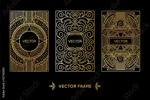 Vector set of design elements, labels and frames for packaging for luxury products in trendy linear style