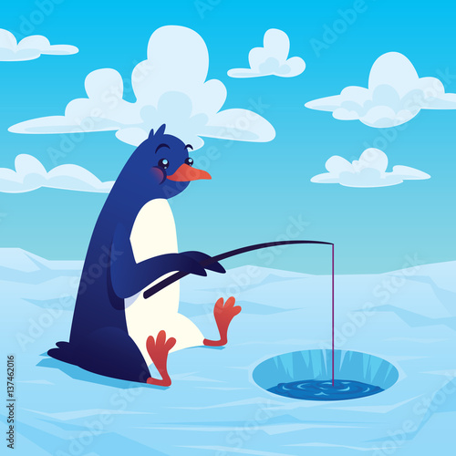 Cute cartoon penguin fisher fishing with a fishing rod.