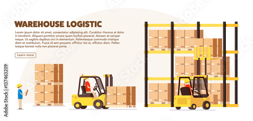 warehouse logistic background car human forklift boxes workers