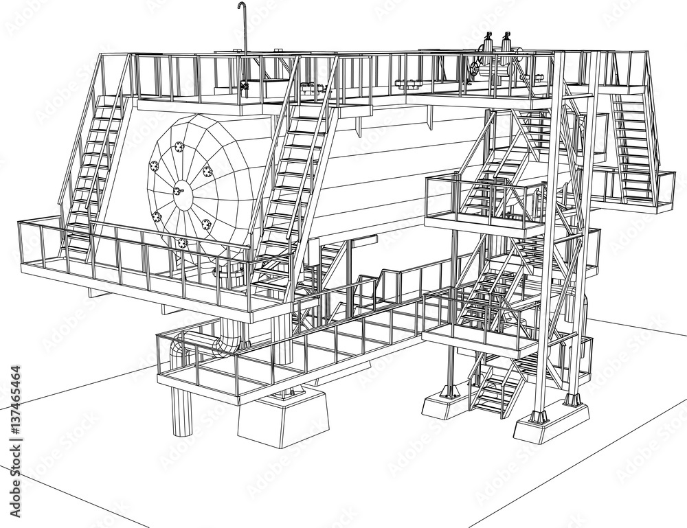 Wire-frame Oil and Gas industrial equipment. Tracing illustration of 3d.