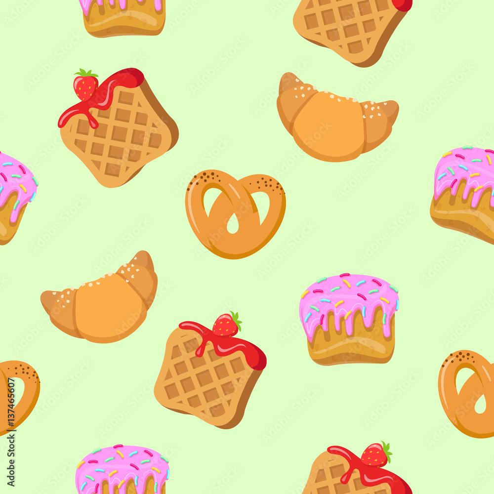 Seamless Pattern with Croissants, Wafers, Cupcakes Seamless Pattern with Croissants, Wafers, Cupcakes