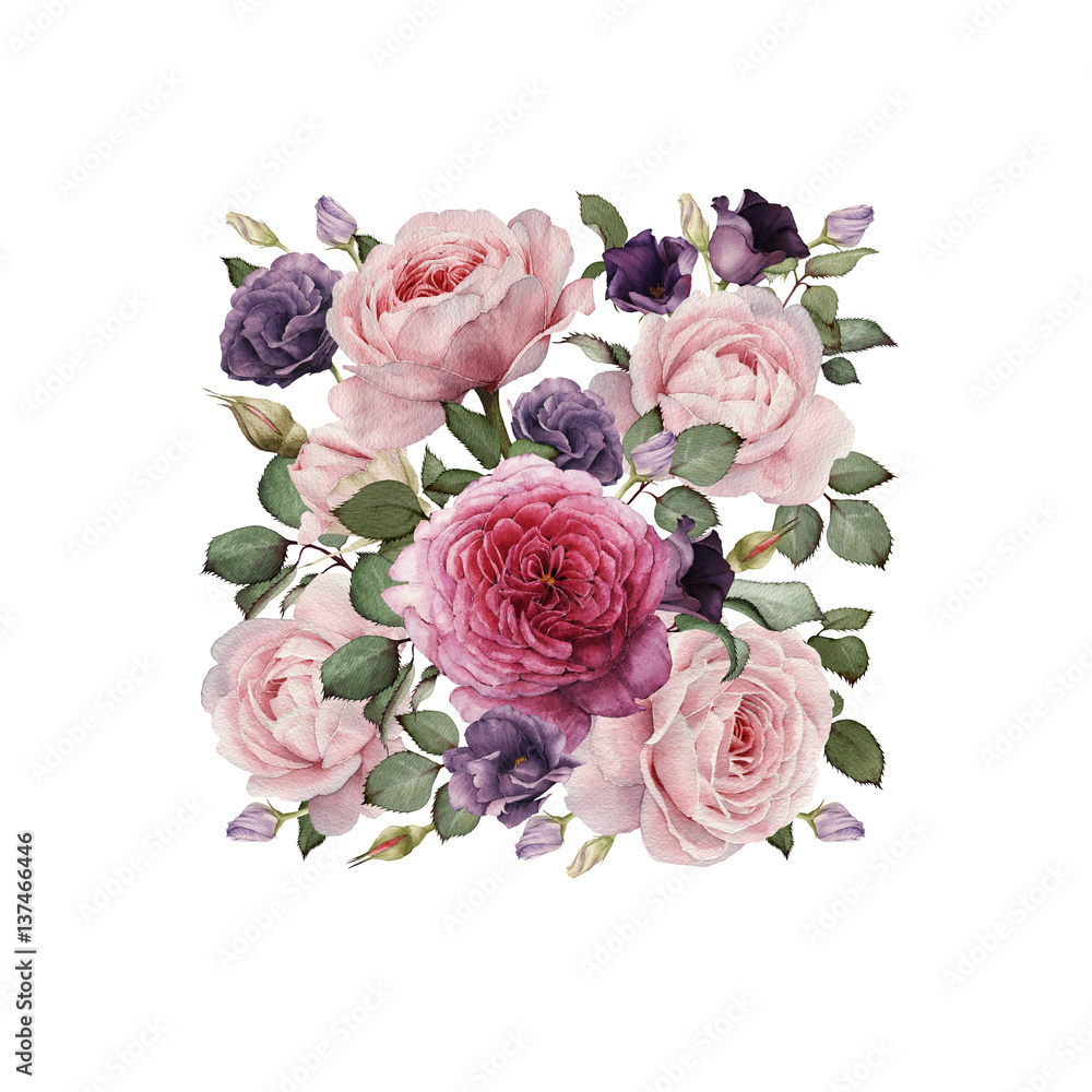 Greeting card with roses, watercolor, can be used as invitation card for wedding, birthday and other holiday and  summer background. 
