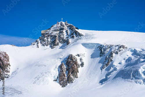 View of Italian Alps from Plateau Rosa in the winter in the Aosta Valley region of northwest Italy.
