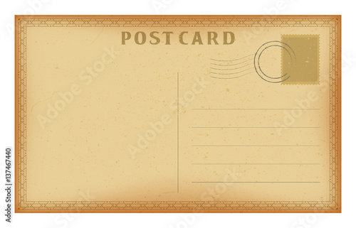 Vector old postcard with geometric frame. Grunge paper vintage post card.