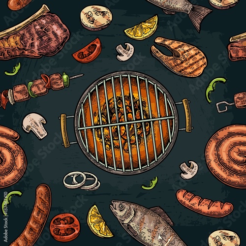 Seamless pattern barbecue grill. Top view charcoal, sausage, fish, steak.