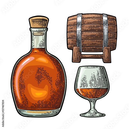 Glass, barrel and bottle of cognac. Vintage engraving illustration