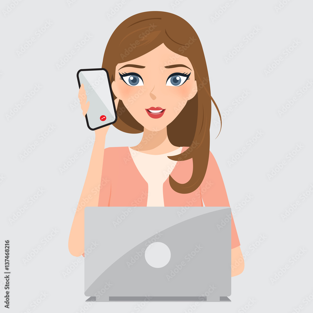 business woman talking a mobile phone to communication. people character in job at office work. business woman talking a mobile phone to communication. people character in job at office work.