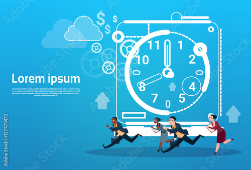 Business People Group Run Clock Businesspeople Time Deadline Concept Flat Vector Illustration