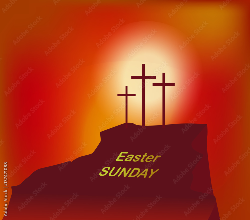 mountain Calvary with three crosses with sky and sun mountain Calvary with three crosses with sky and sun
