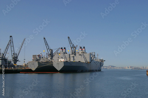 ALAMEDA, USA - MARCH 23, 2010: US Navy ships SS Algol (AKR-287) and SS Capella (AKR-293) anchored in the bay of San Francisco, A