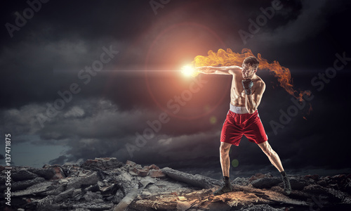 Box fighter trainning outdoor . Mixed media . Mixed media © Sergey Nivens