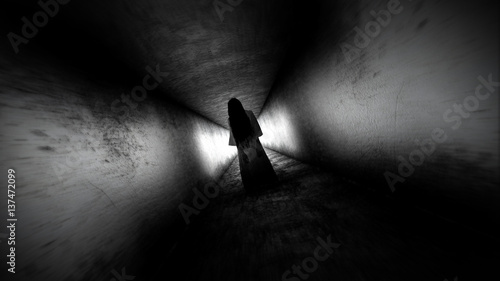 Obraz na plátne Ghost girl. Scary ghost in the dark corridor