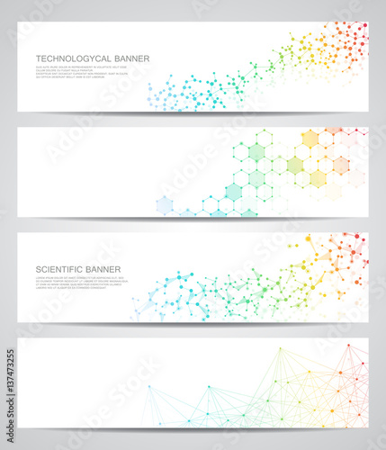 Set of modern scientific banners. Molecule structure DNA and neurons. Abstract background. Medicine, science, technology, business, website templates. Scalable vector graphics.