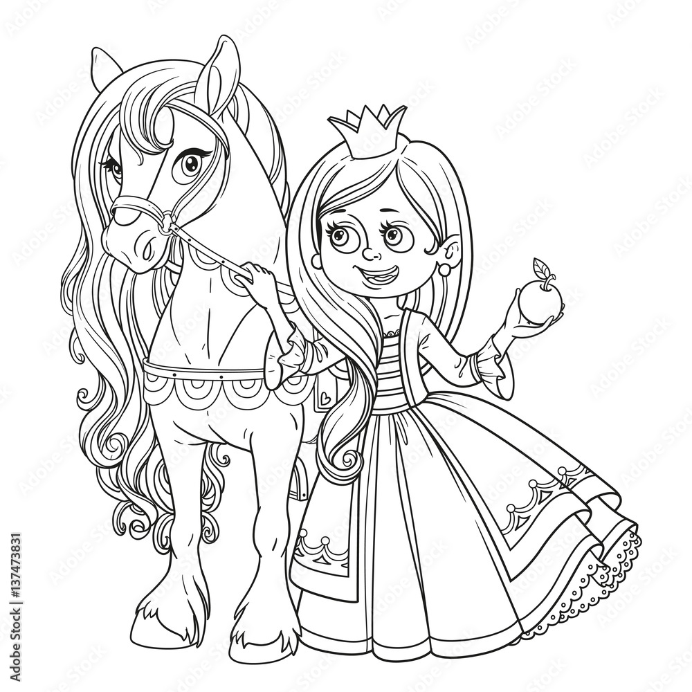 Beautiful princess with horse outlined picture for coloring book on ...