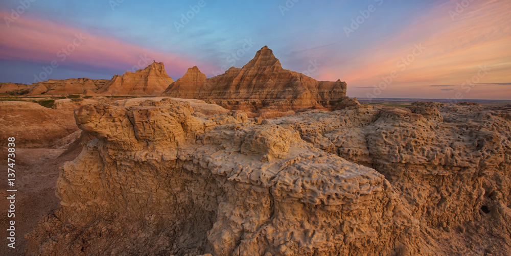 Landscape with hoodoos at dawn, South Dakota, USA